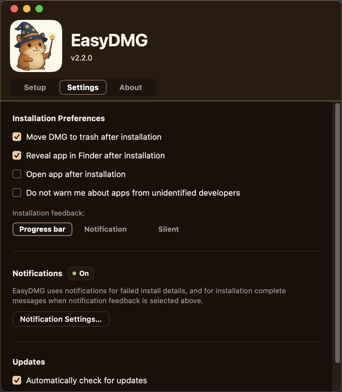 EasyDMG in dark mode showing the Setup tab