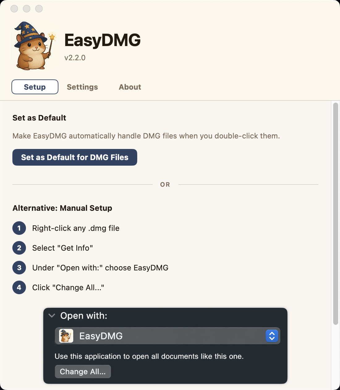 EasyDMG in light mode showing the Setup tab